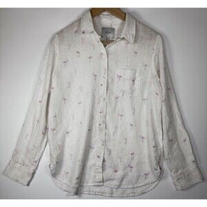 Rails Charli Womens Small Flamingos Print Linen Blend Button Up Shirt White Pink